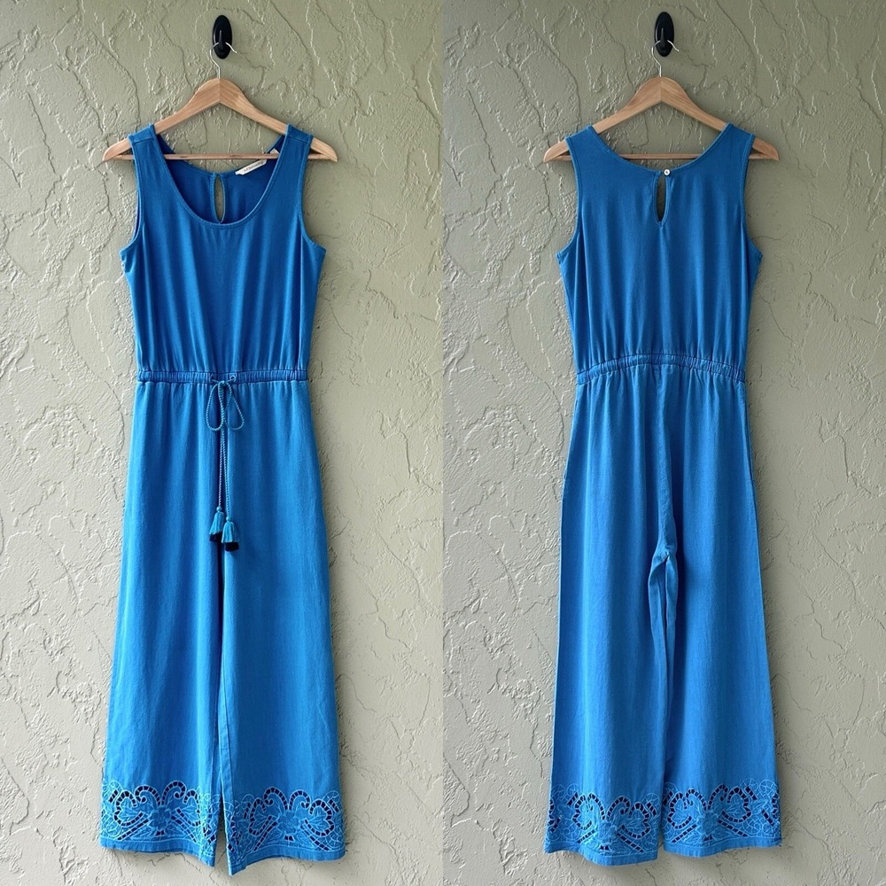 Soft Surroundings Women's XS Blue Sleeveless Drawstring Embroidered Jumpsuit